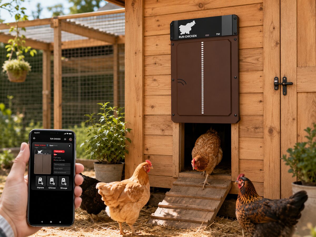 Run-Chicken T50 automatic chicken coop door mounted on a wooden coop, with Bluetooth app shown on smartphone