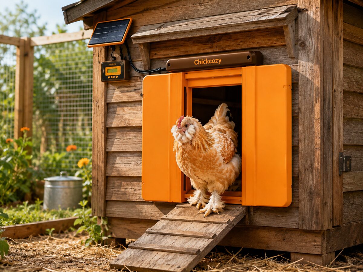 Chickcozy solar automatic chicken coop door, orange horizontal sliding design with LCD controller