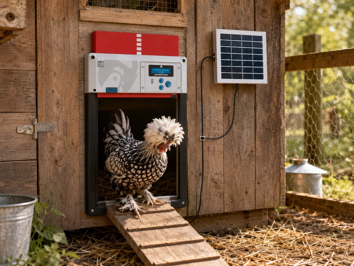 ChickenGuard All-in-One automatic coop door with solar panel and LCD controller on wooden coop