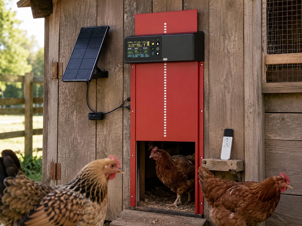 Budget solar automatic chicken coop door with color LCD display, solar panel, and remote control