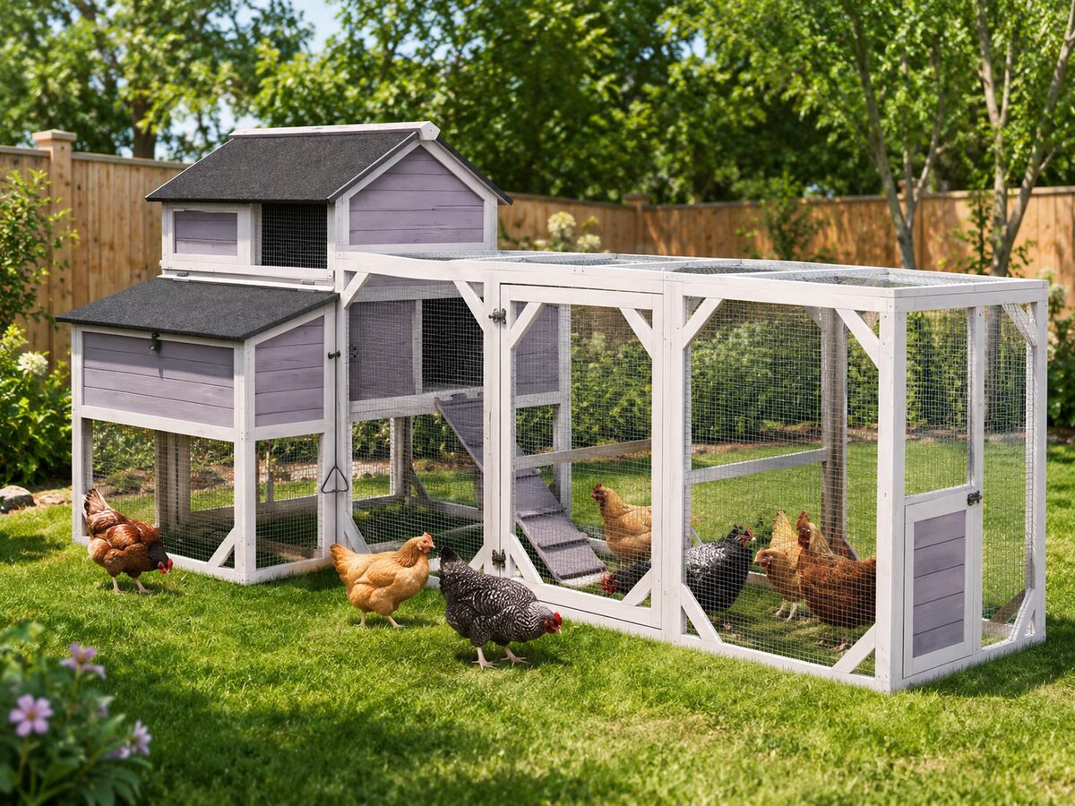 Aivituvin Extra Large Chicken Coop for 6-10 chickens, grey with attached run